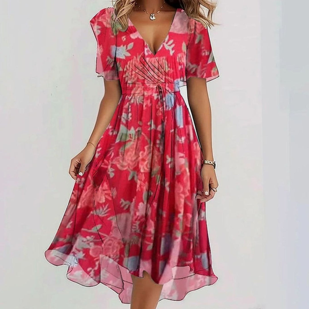 Women's Floral V-Neck Puff Sleeve Asymmetric Midi Dress - Red