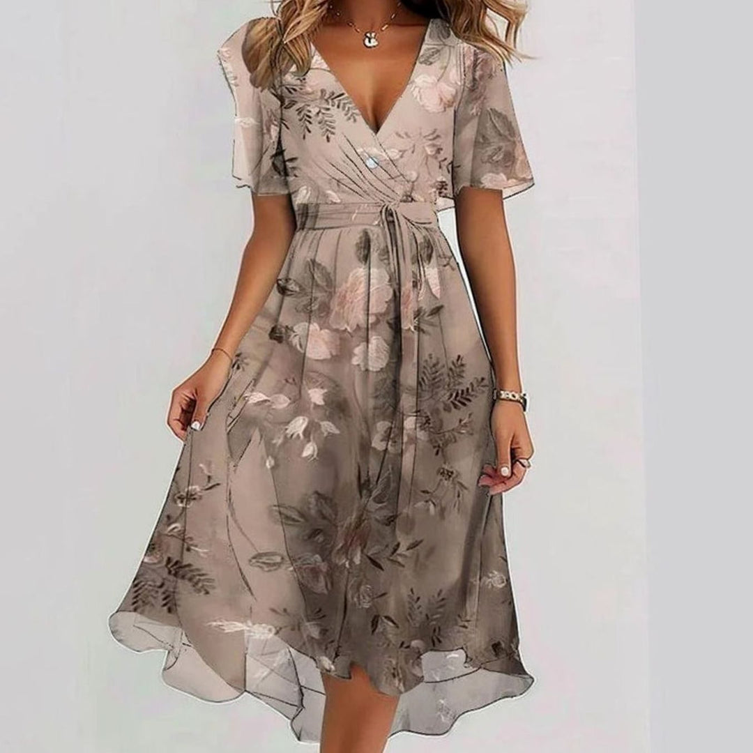 Women's Floral V-Neck Puff Sleeve Asymmetric Midi Dress - Pink