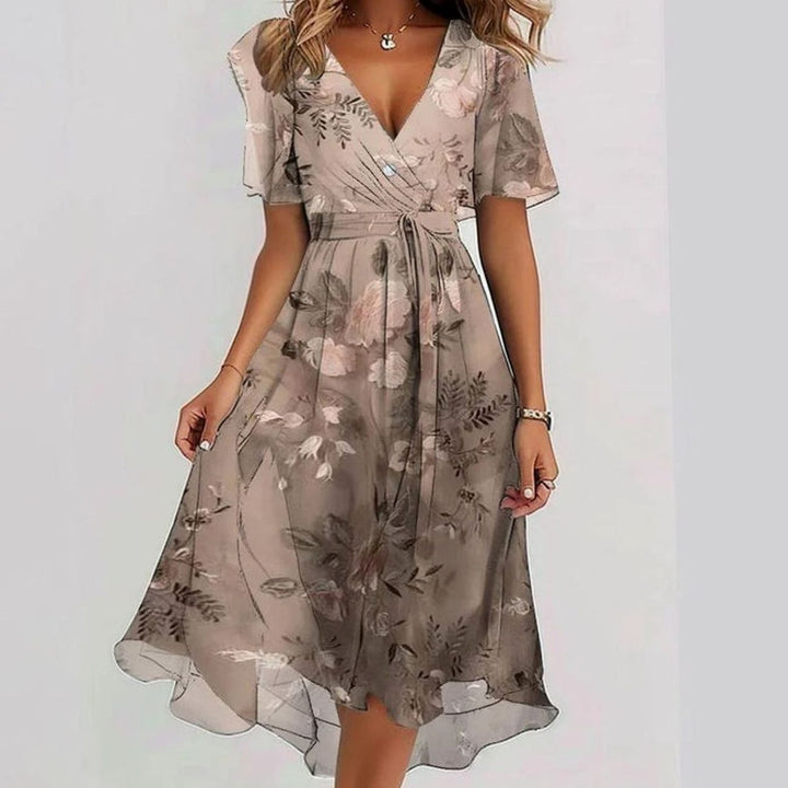 Women's Floral V-Neck Puff Sleeve Asymmetric Midi Dress - Pink