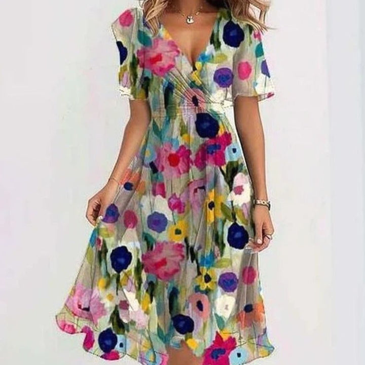 Women's Floral V-Neck Puff Sleeve Asymmetric Midi Dress - Multicolour