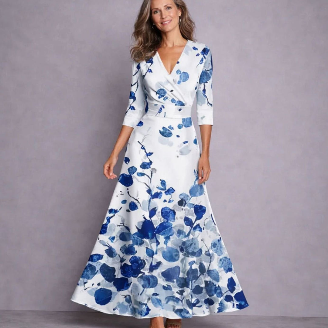 Women's Floral V-Neck Three-Quarter Sleeve Maxi Dress - White/Blue