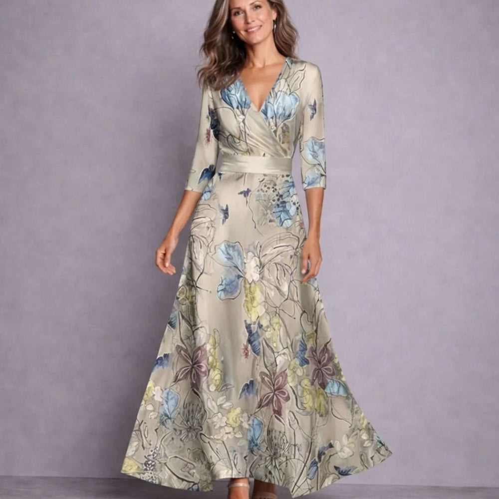 Women's Floral V-Neck Three-Quarter Sleeve Maxi Dress - Sand/Beige