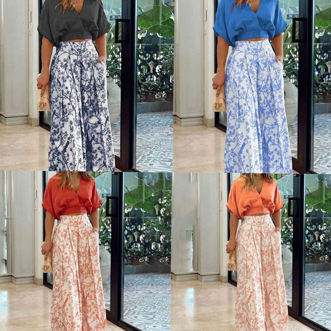 Women's Floral Wide-Leg High-Waist Crop Top Two-Piece Set