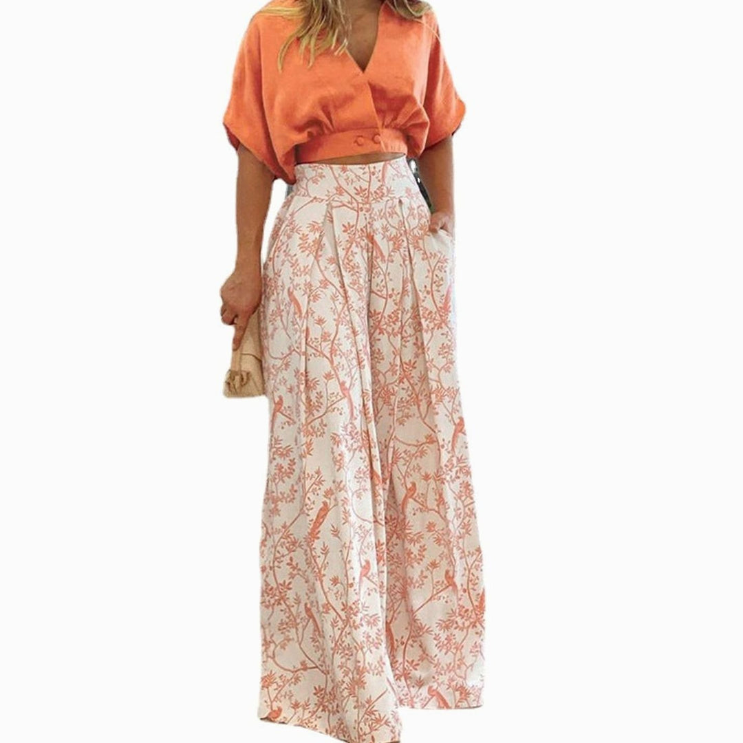Women's Floral Wide-Leg High-Waist Crop Top Two-Piece Set