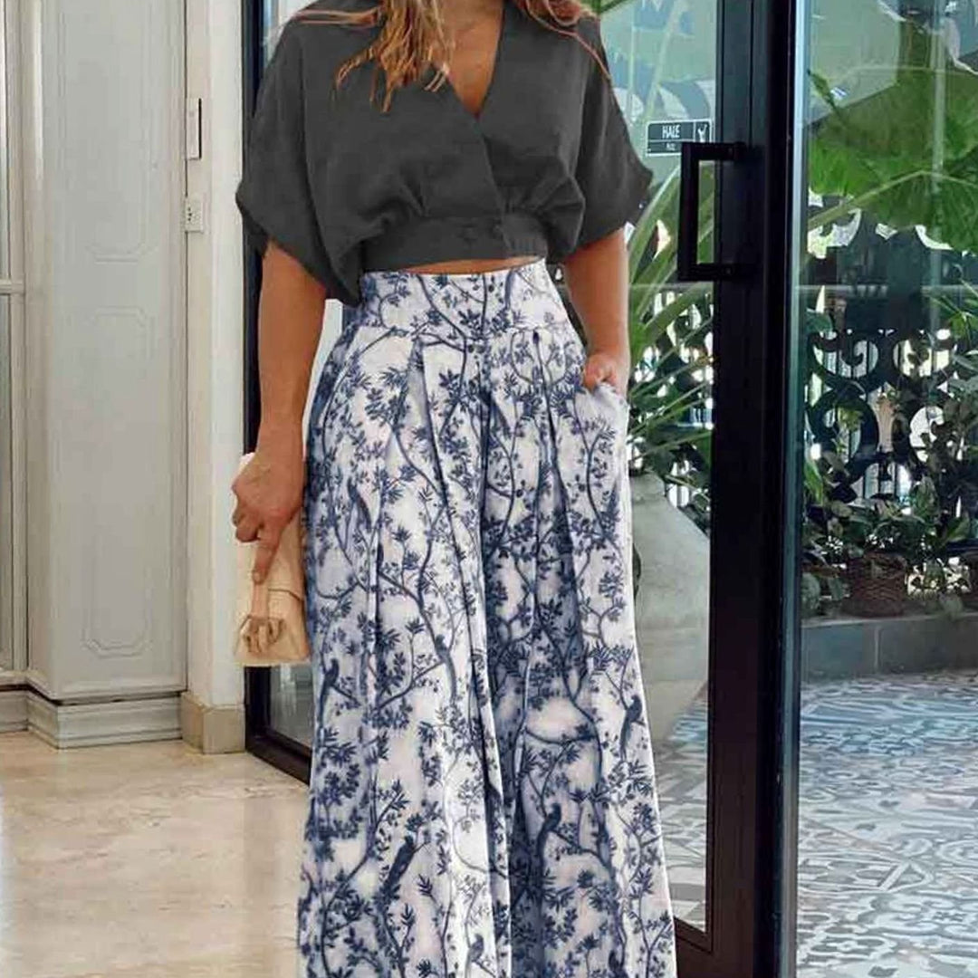 Women's Floral Wide-Leg High-Waist Crop Top Two-Piece Set - Black