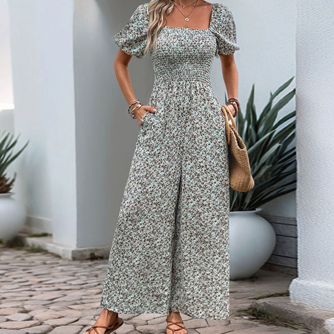 Women's Floral Wide-Leg Smocked Square-Neck Jumpsuit