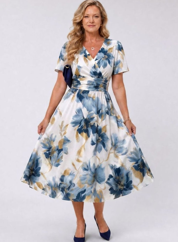 Women's Floral Wrap Midi Dress Flutter Short Sleeve V-Neck