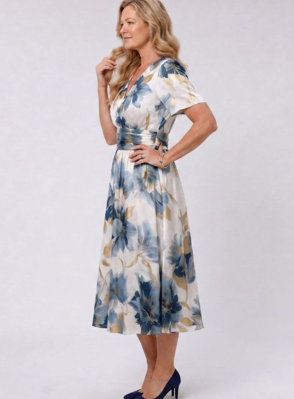 Women's Floral Wrap Midi Dress Flutter Short Sleeve V-Neck