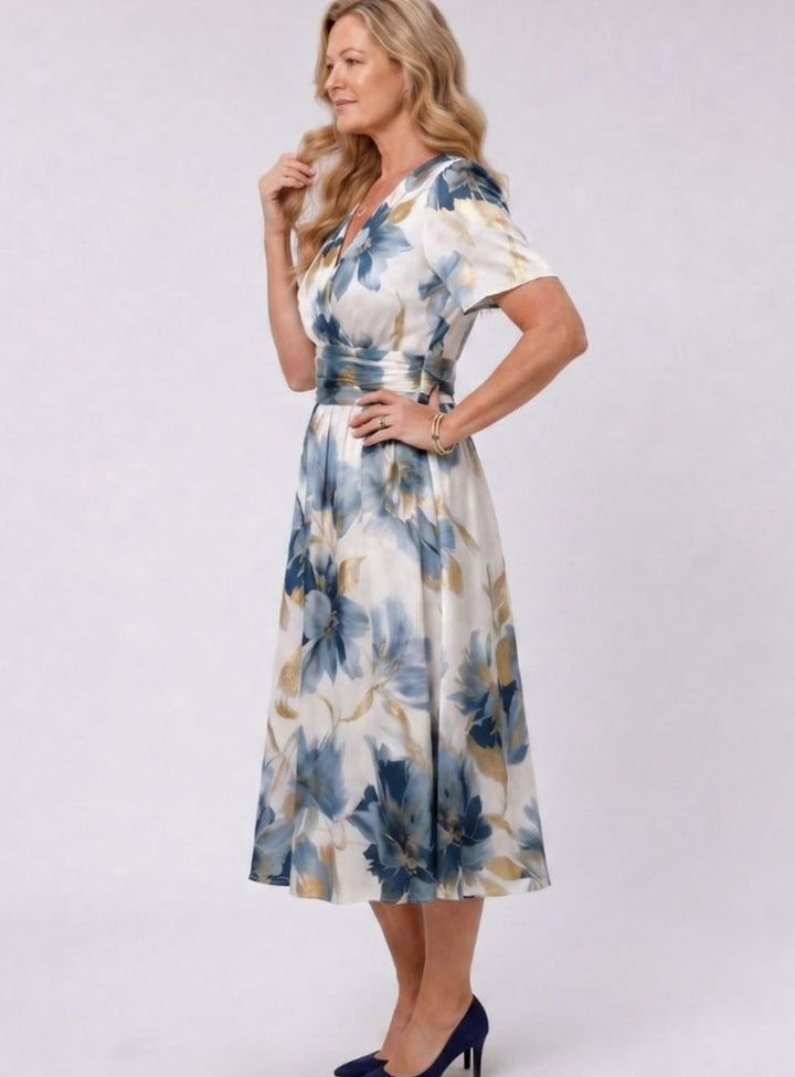 Women's Floral Wrap Midi Dress Flutter Short Sleeve V-Neck