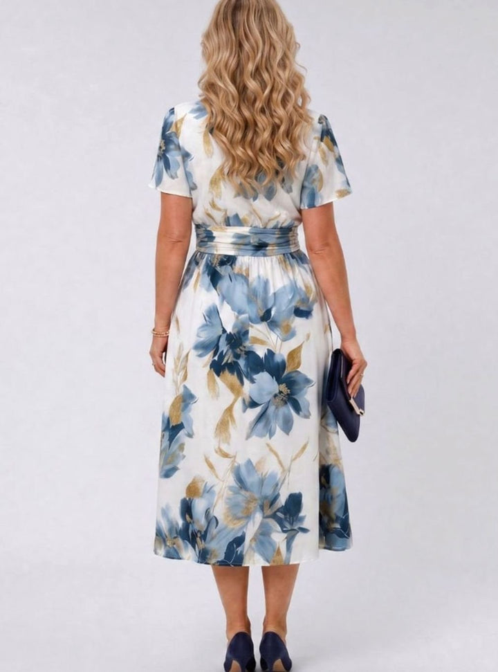Women's Floral Wrap Midi Dress Flutter Short Sleeve V-Neck