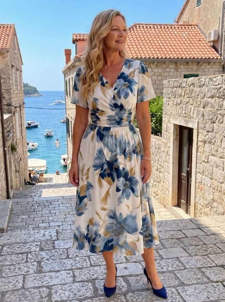 Women's Floral Wrap Midi Dress Flutter Short Sleeve V-Neck