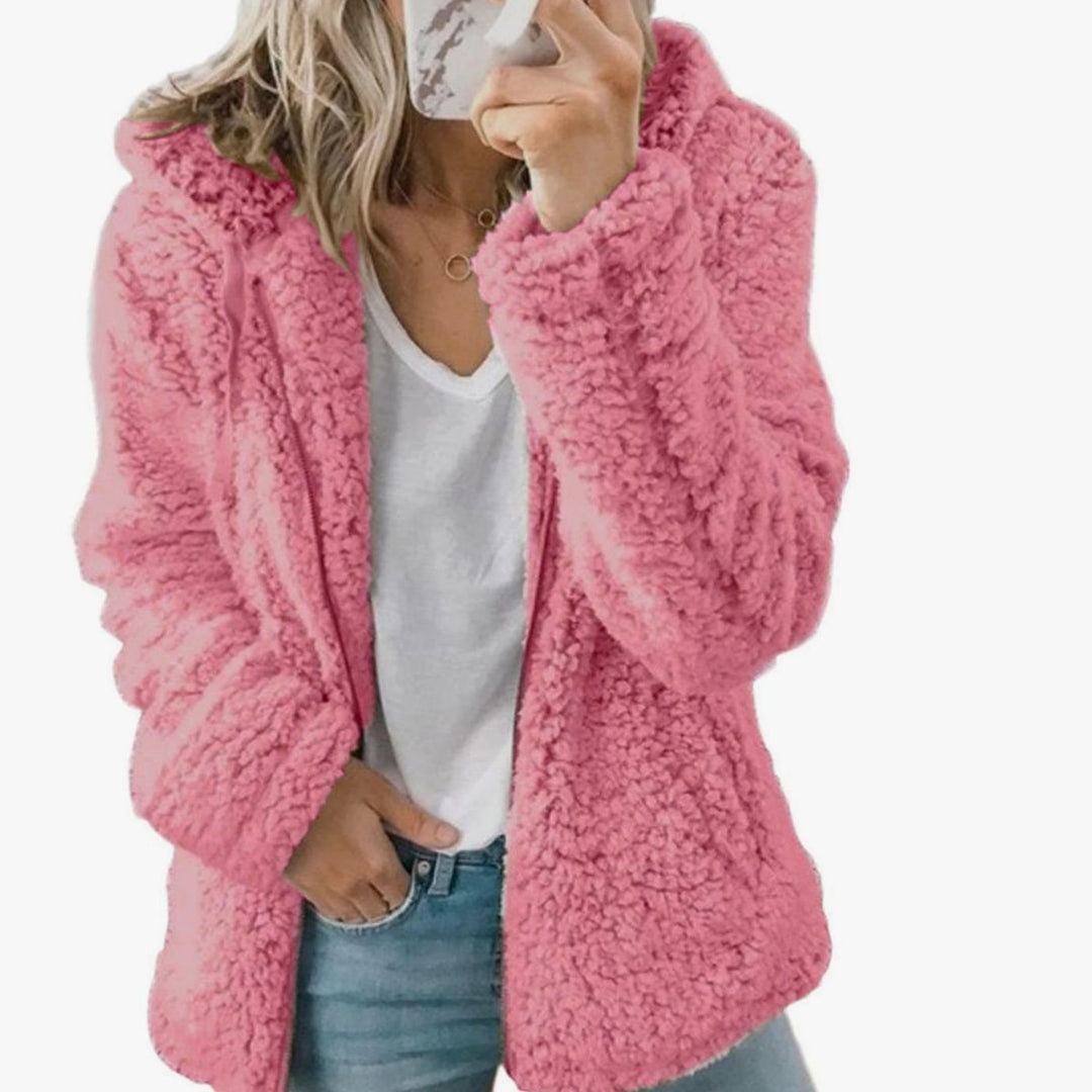 Women's Fluffy Teddy Fleece Open-Front Hooded Coat - Pink