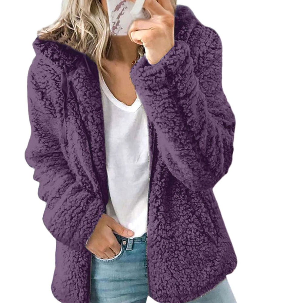 Women's Fluffy Teddy Fleece Open-Front Hooded Coat - Purple
