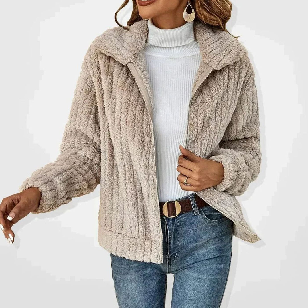 Women's Fluffy Zip-Up Plush Fleece Casual Winter Jacket - Apricot