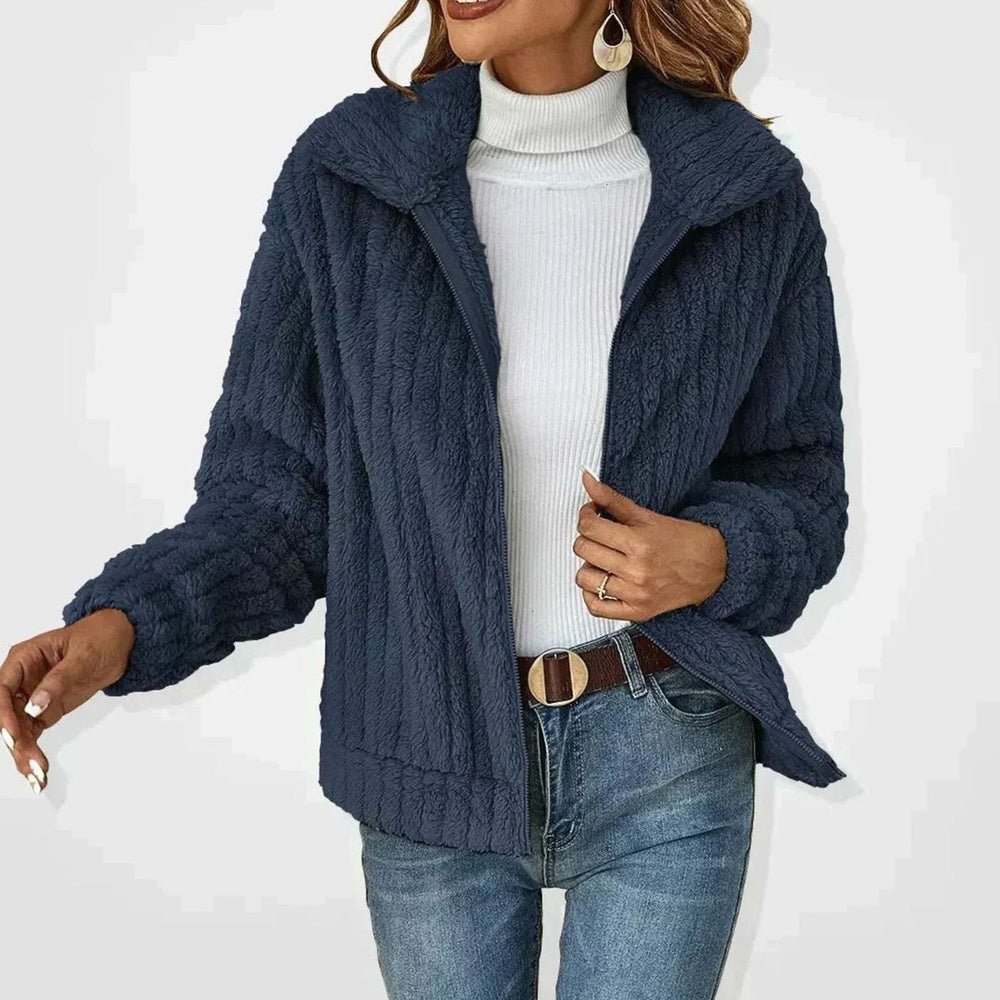 Women's Fluffy Zip-Up Plush Fleece Casual Winter Jacket - Navy Blue