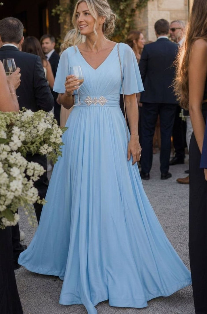 Women's Flutter Sleeve V-Neck Embellished A-Line Maxi Evening Dress, Light Blue