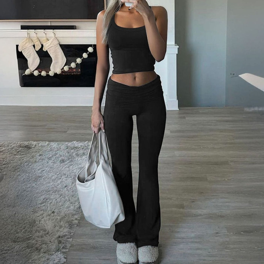 Women's Fold-Over Waist Flared Trousers Crop Top Co-ord Set - Black