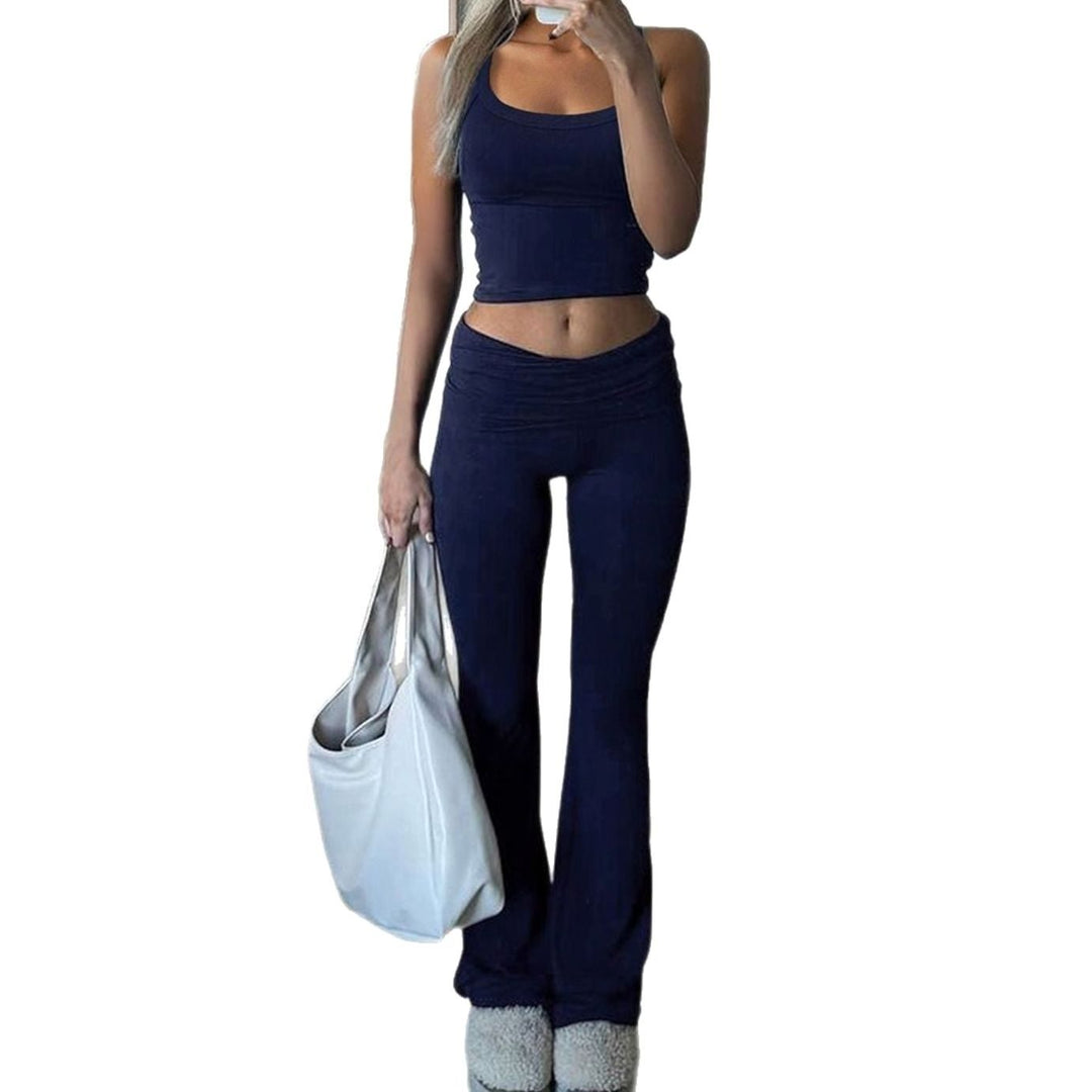 Women's Fold-Over Waist Flared Trousers Crop Top Co-ord Set