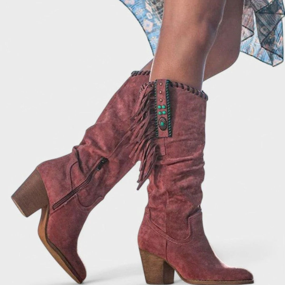 Women's Fringed Western Knee-High Block-Heel Boots - Red