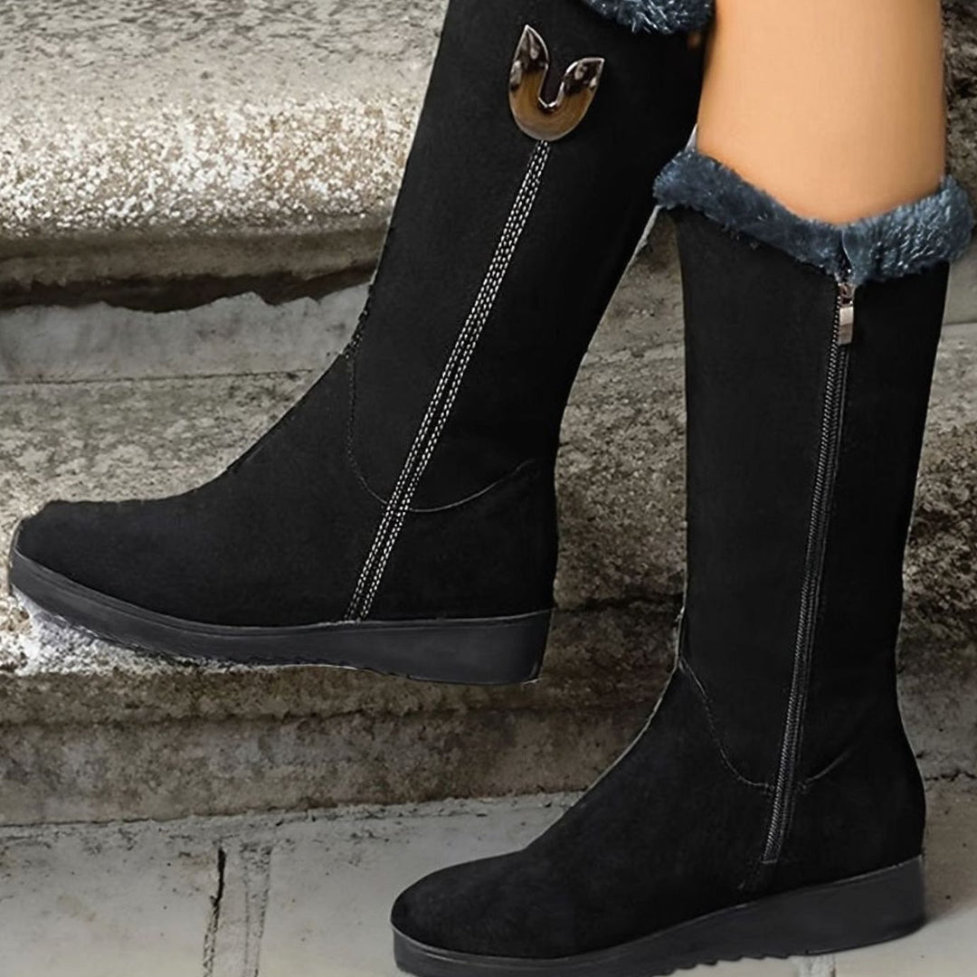 Women's Fur-Lined Mid-Calf Winter Black Boots - Black