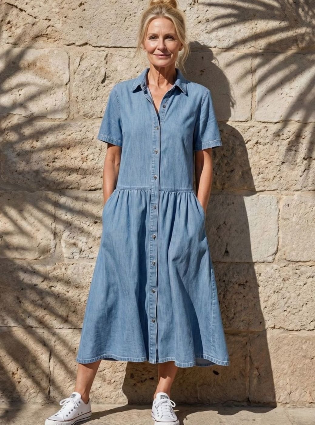 Women's Gathered-Waist Button-Through Denim Midi Shirt Dress