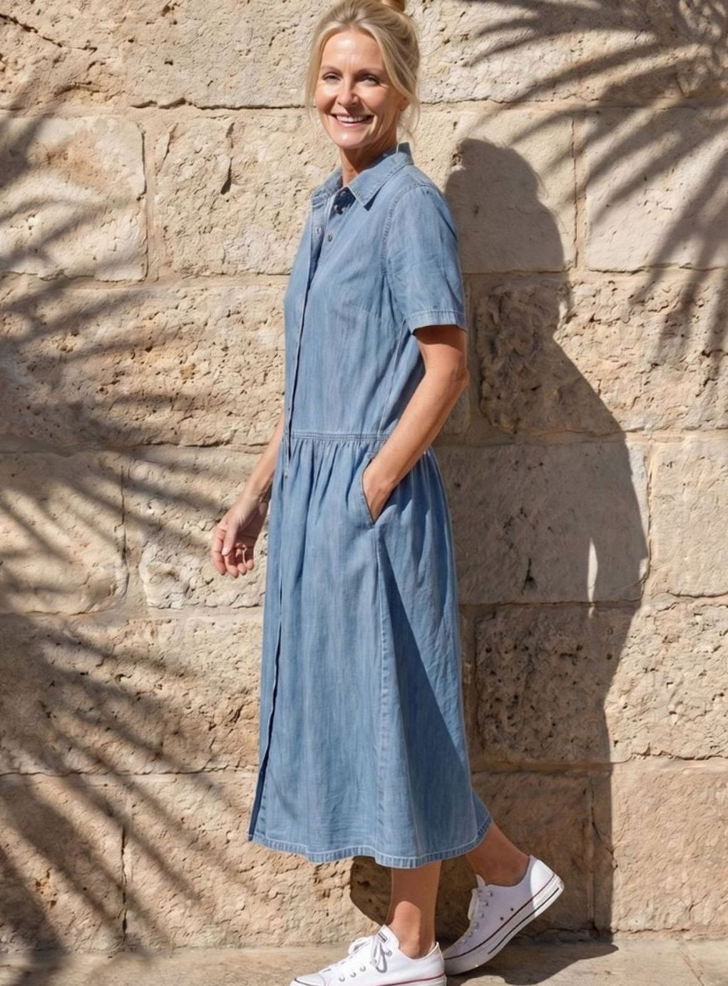 Women's Gathered-Waist Button-Through Denim Midi Shirt Dress