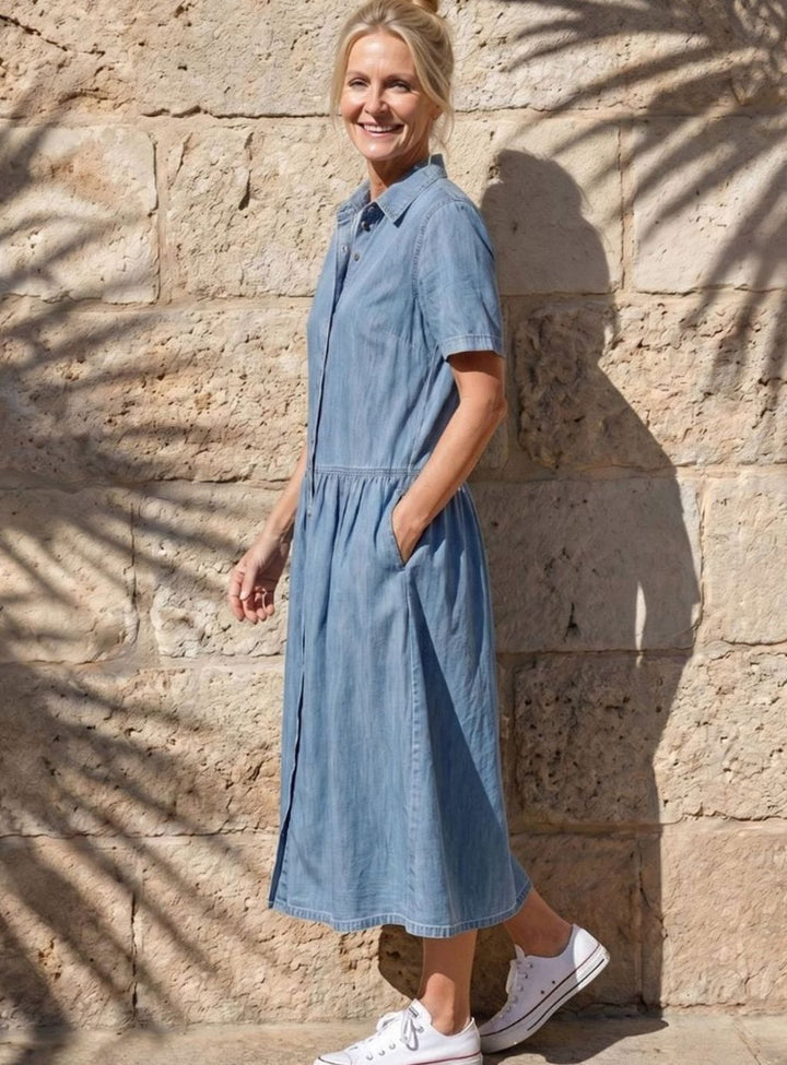 Women's Gathered-Waist Button-Through Denim Midi Shirt Dress
