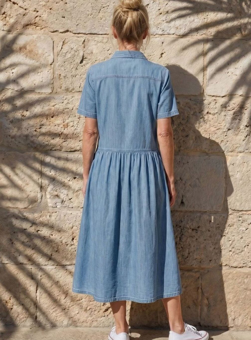 Women's Gathered-Waist Button-Through Denim Midi Shirt Dress