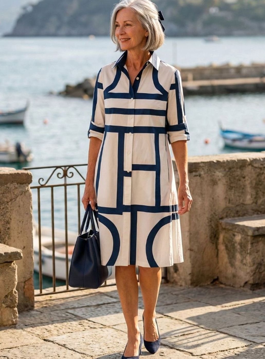 Women's Geometric Print A-Line Button-Front Shirt Dress