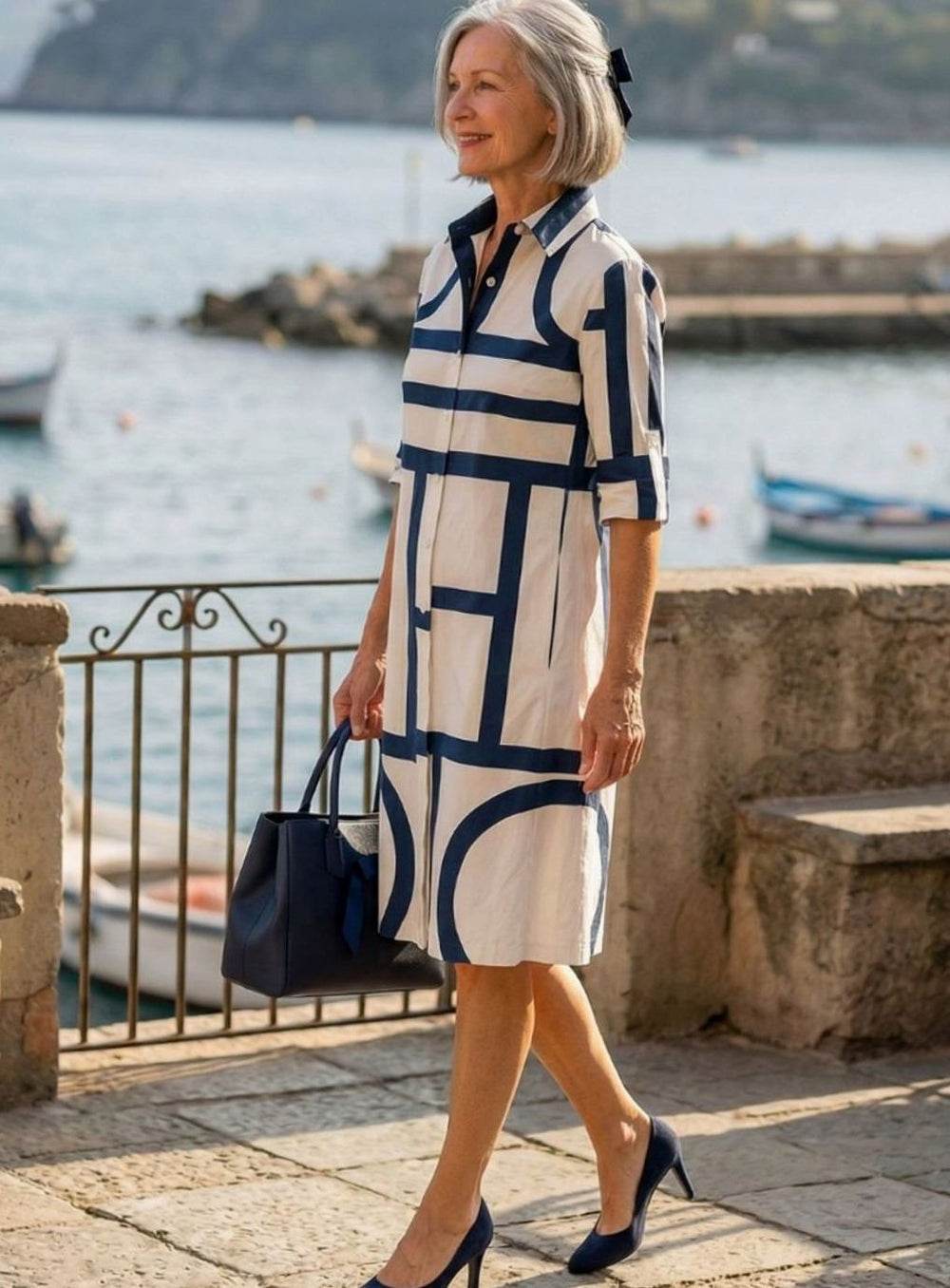Women's Geometric Print A-Line Button-Front Shirt Dress