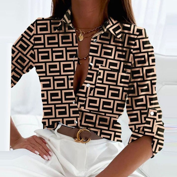 Women's Geometric Print Collared Long-Sleeve Blouse
