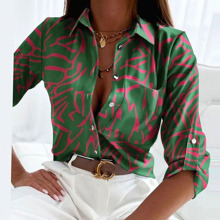 Women's Geometric Print Collared Long-Sleeve Blouse - Green
