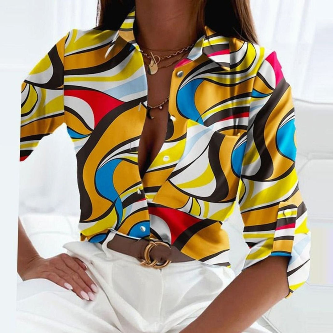 Women's Geometric Print Collared Long-Sleeve Blouse - Yellow Labyrinth Print