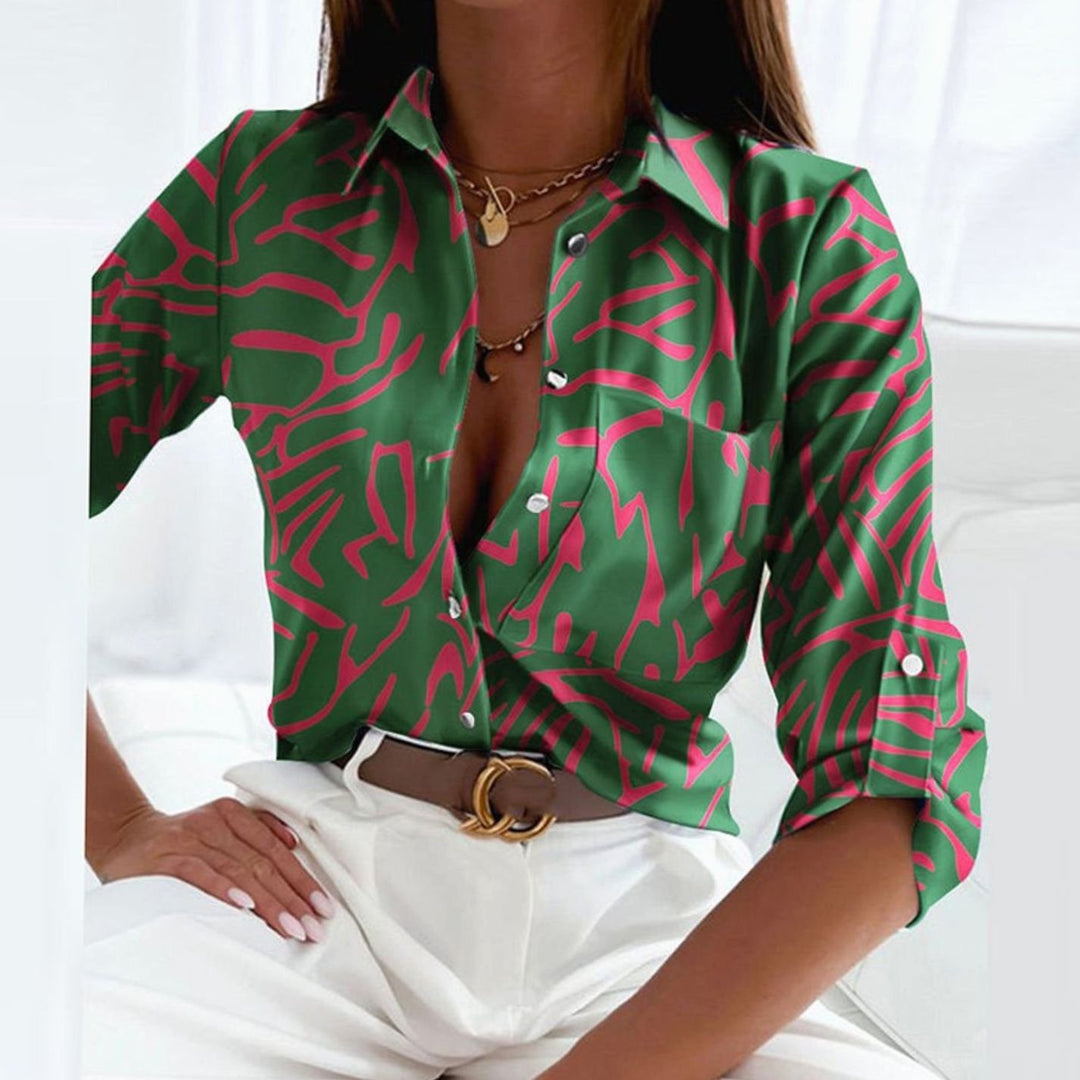 Women's Geometric Print Collared Long-Sleeve Blouse