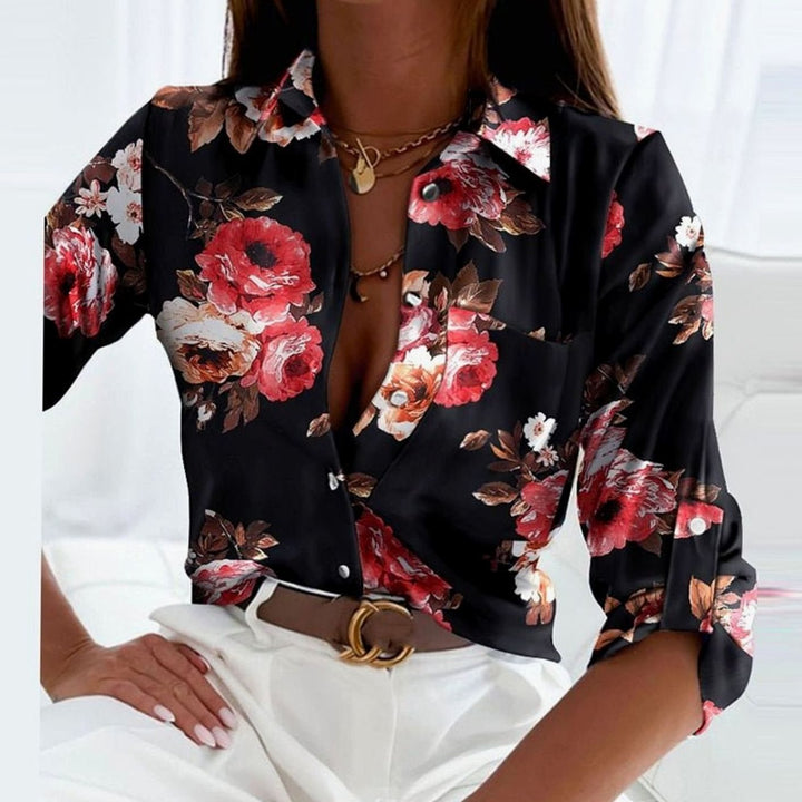 Women's Geometric Print Collared Long-Sleeve Blouse - Black Pink Floral