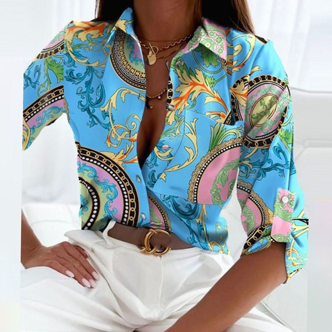 Women's Geometric Print Collared Long-Sleeve Blouse - Light Blue