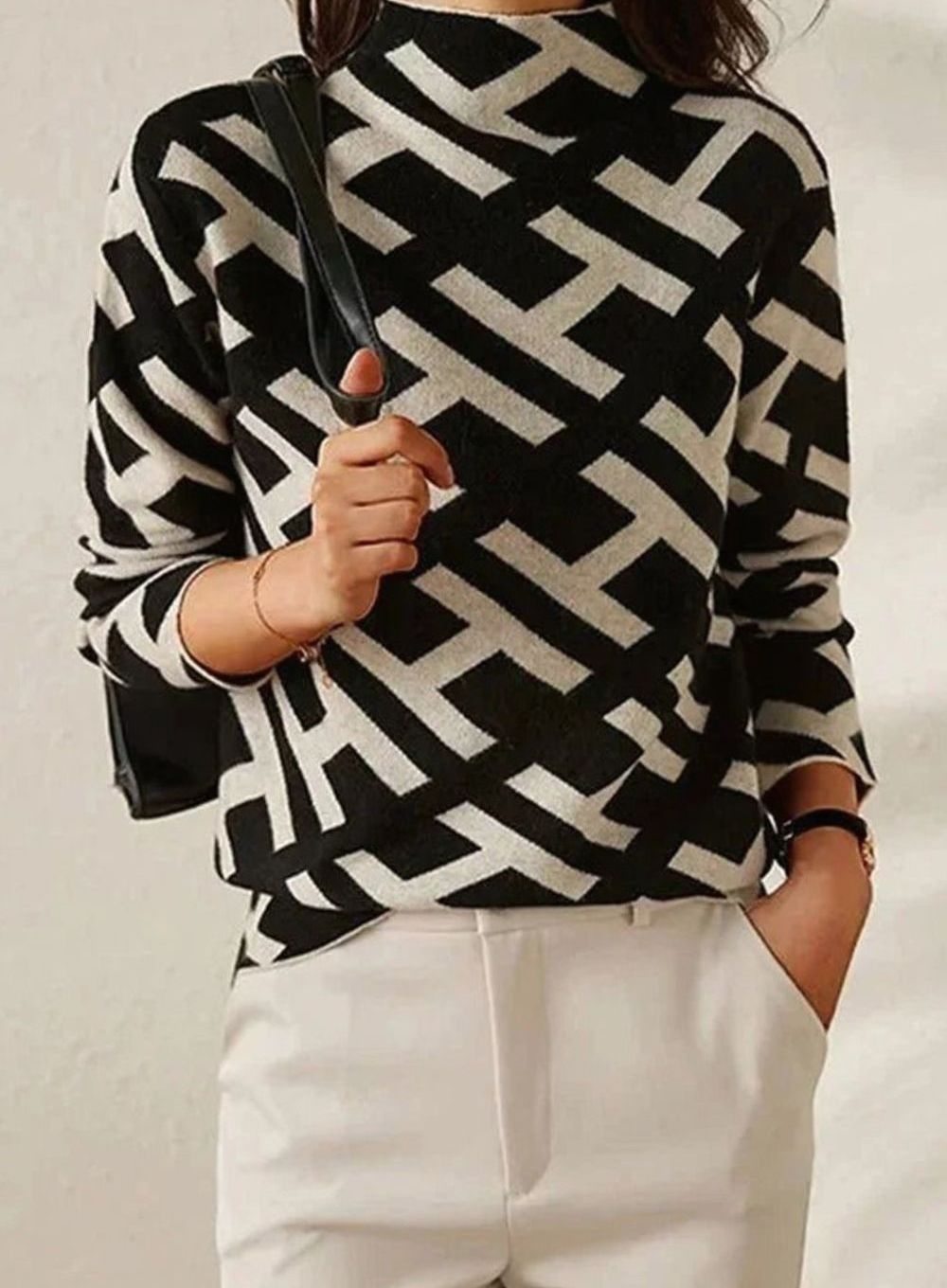 Women's Geometric-Print Roll Neck Knitted Jumper