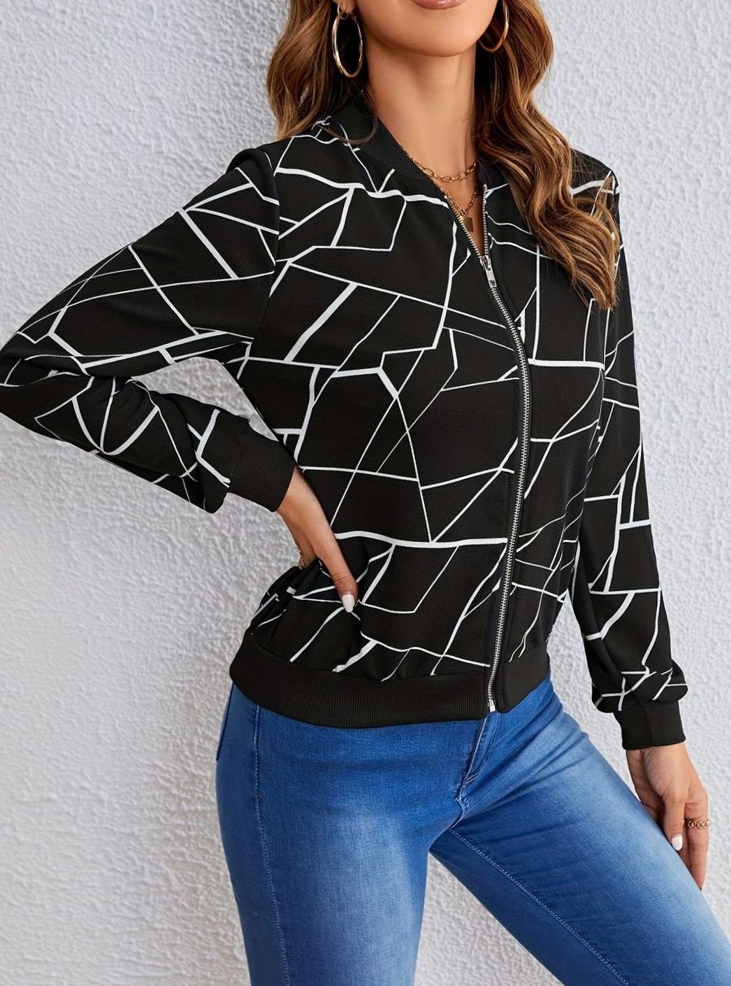 Women's Geometric Print Zip-Up Bomber Jacket