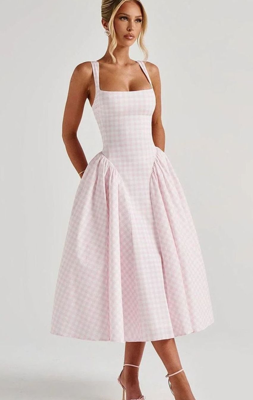 Women's Gingham Square-Neck Flared Midi Dress Pockets