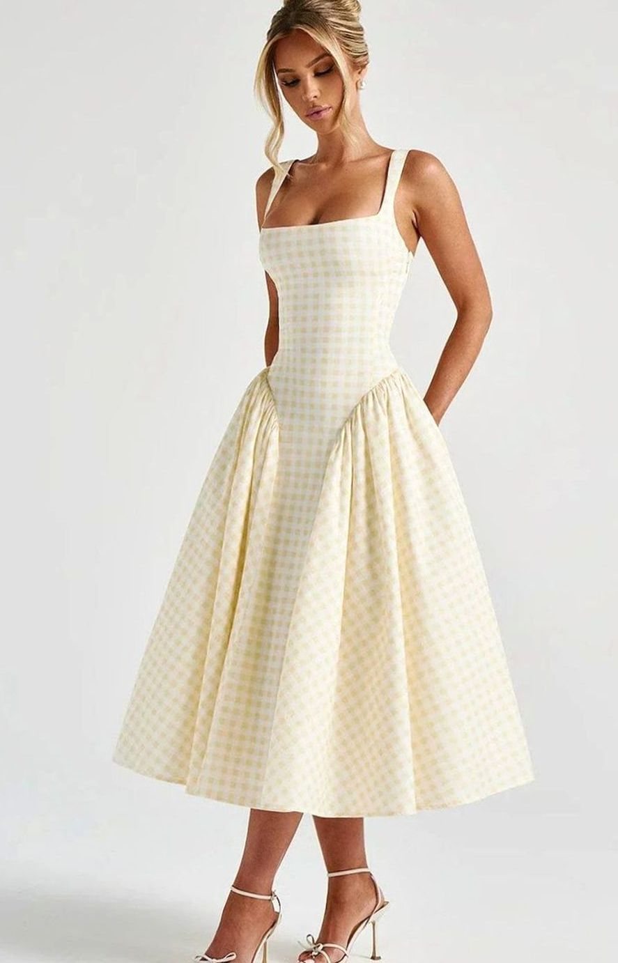 Women's Gingham Square-Neck Flared Midi Dress Pockets