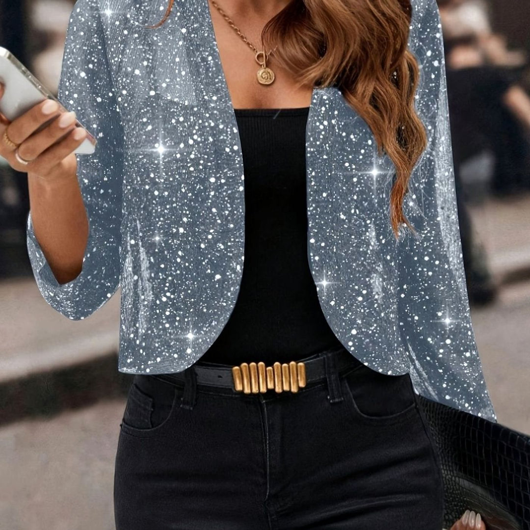 Women's Glitter Open-Front Cropped Blazer Jacket - Sky Blue