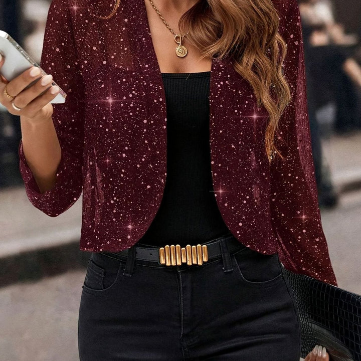 Women's Glitter Open-Front Cropped Blazer Jacket - Burgundy