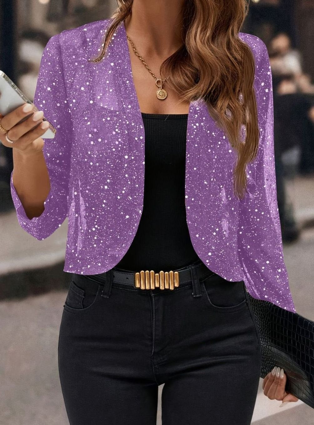 Women's Glitter Open-Front Cropped Blazer Jacket
