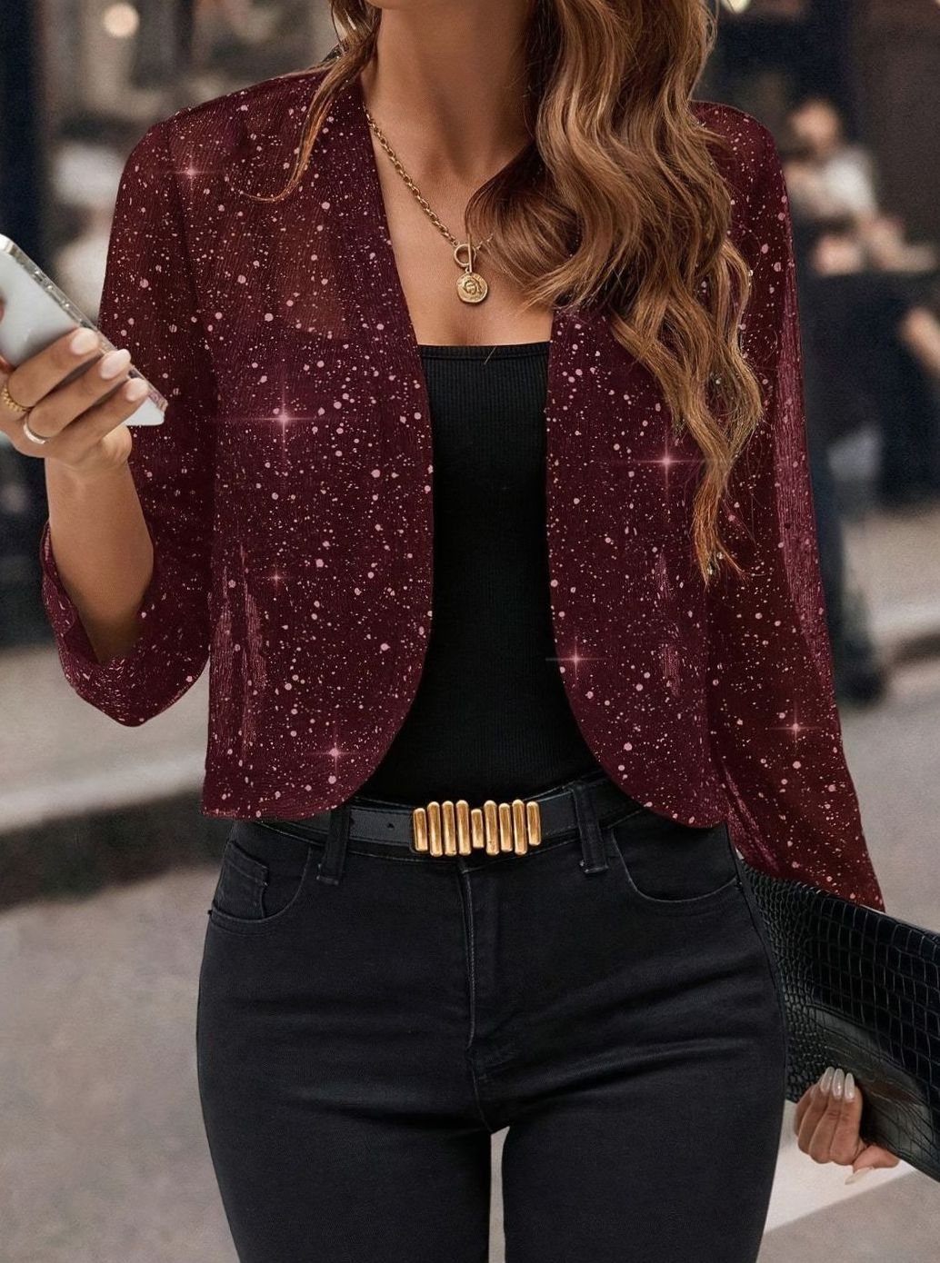 Women's Glitter Open-Front Cropped Blazer Jacket