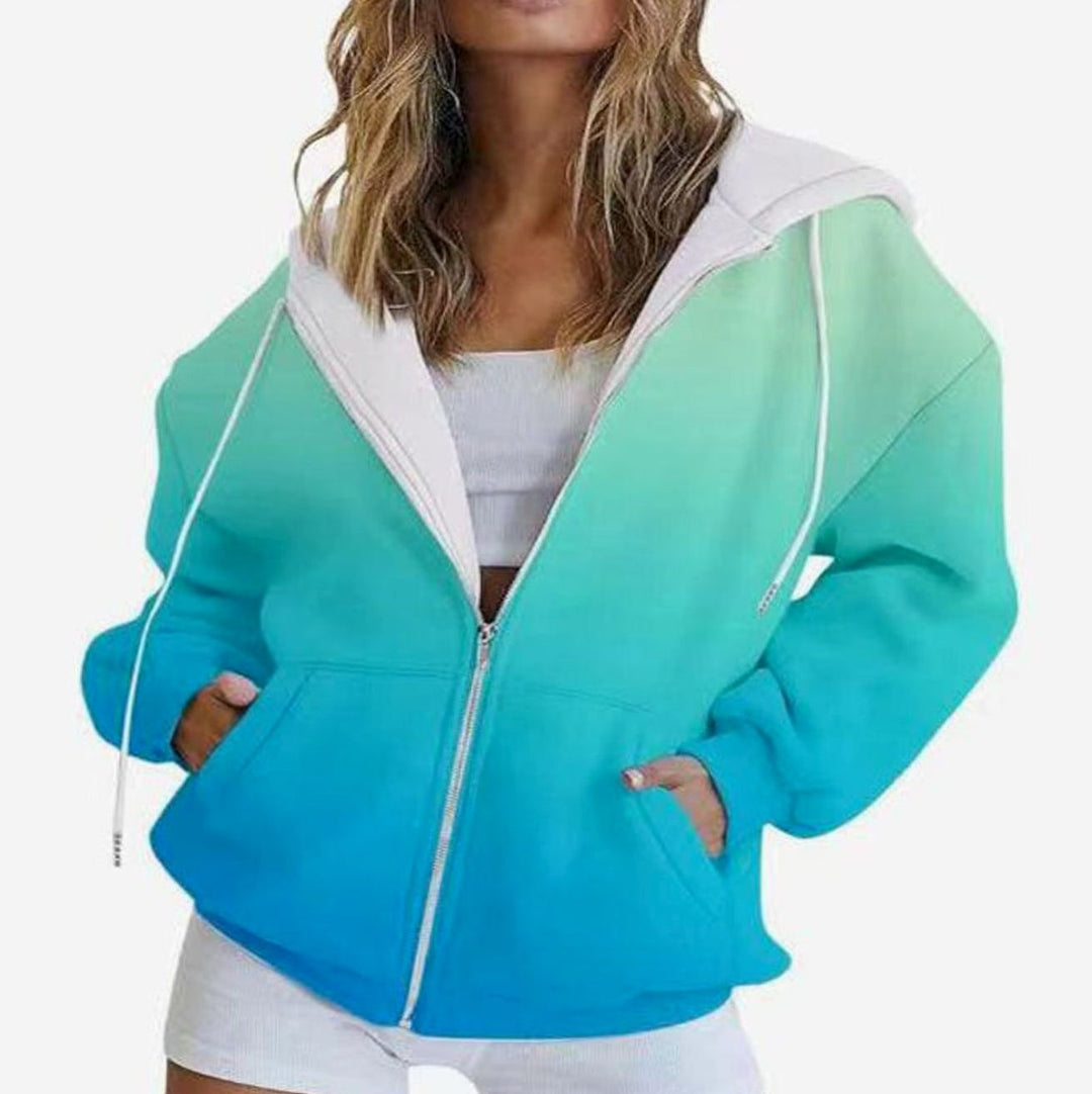 Women's Gradient Zip-Up Oversized Hoodie Deep Pockets - Blue