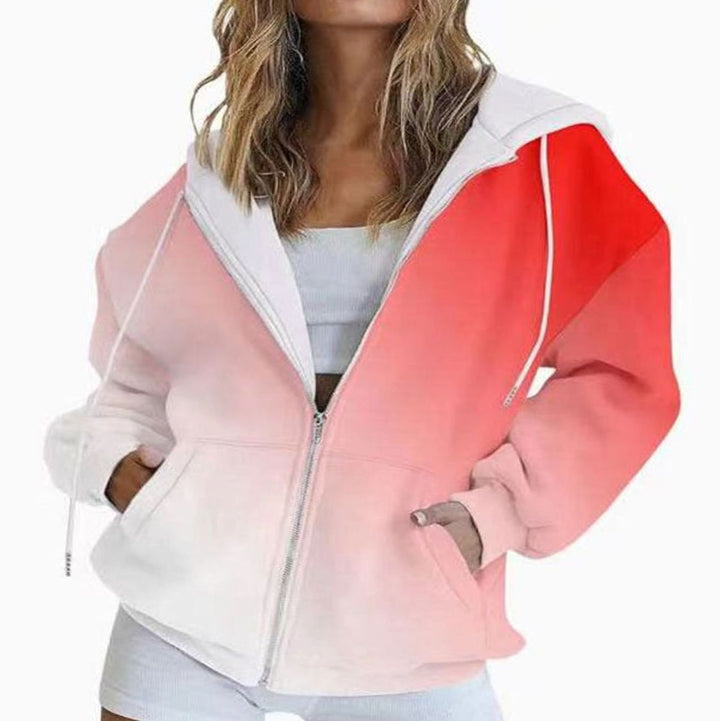 Women's Gradient Zip-Up Oversized Hoodie Deep Pockets - Red