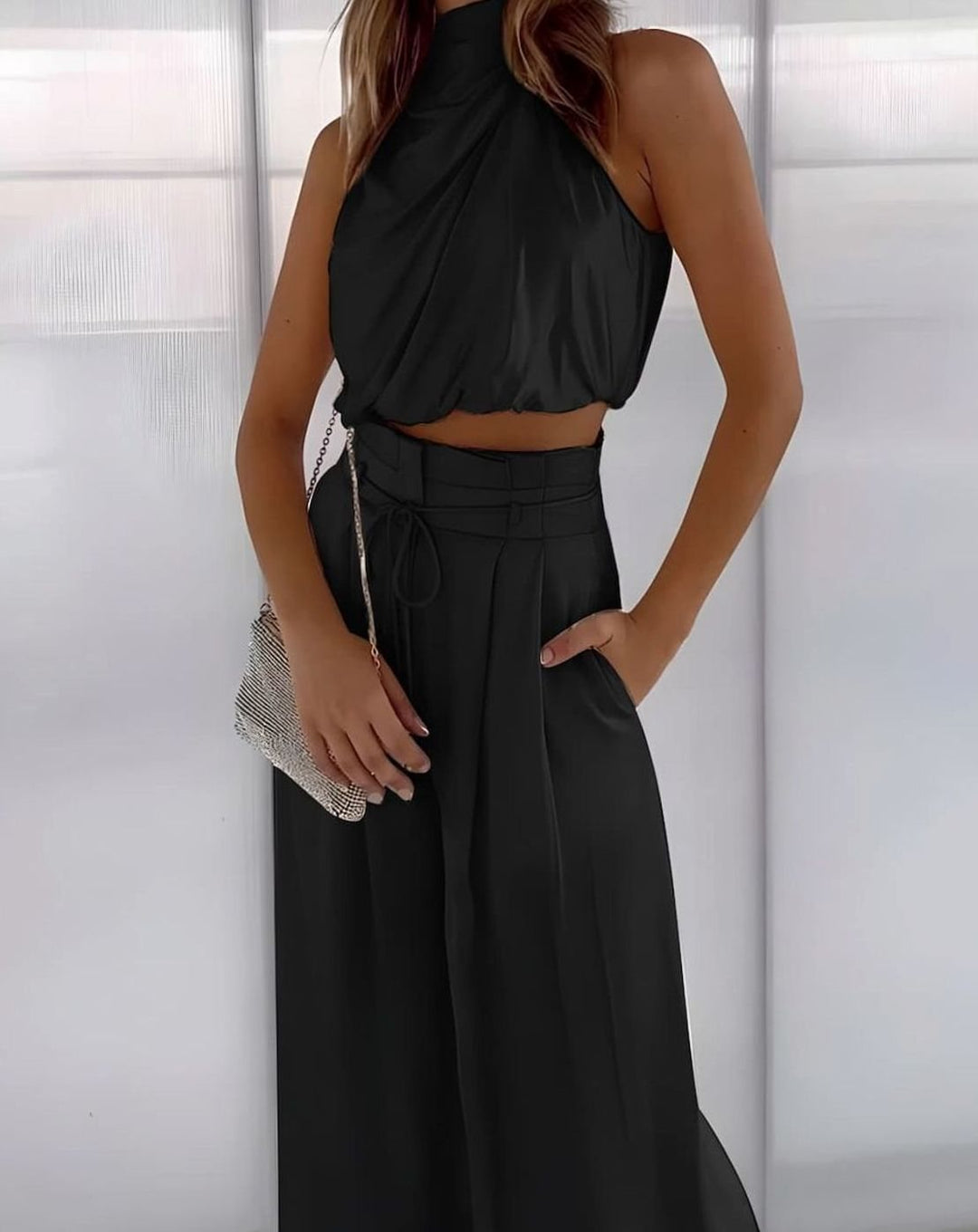 Women's Halter Neck Crop Top Wide-Leg Trousers Two-Piece Set - Black