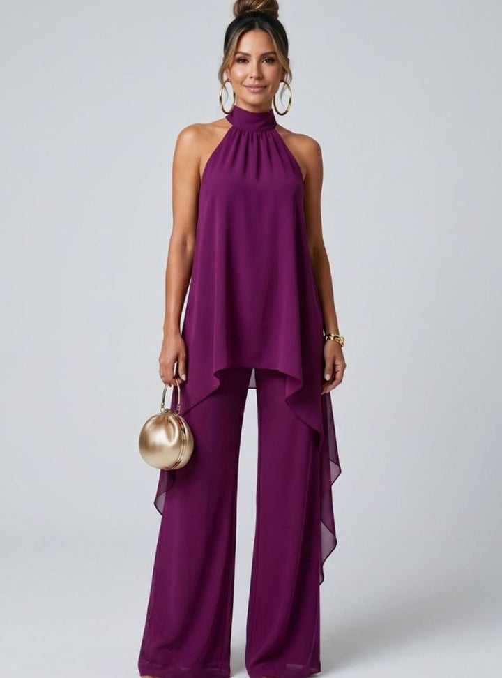 Women's Halter Neck Flowy Wide-Leg Trouser Co-ord Set, Purple