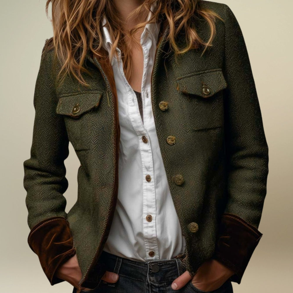 Women's Herringbone Tweed Button-Up Utility Jacket