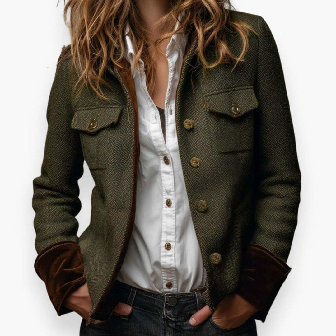 Women's Herringbone Tweed Button-Up Utility Jacket - Army Green